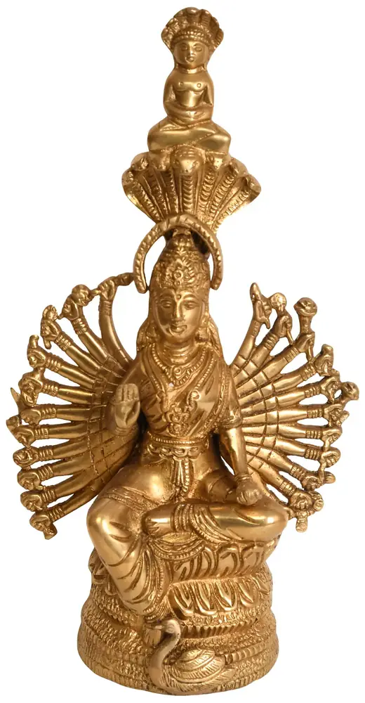 Seated brass Padmavati with a serpent hood and fan of arms, front view