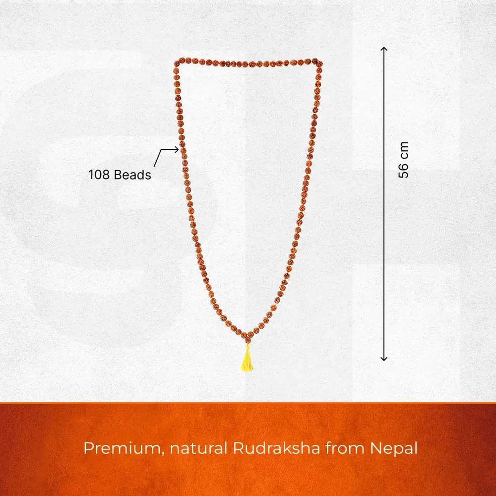 Seller's size graphic showing the mala with a yellow tassel