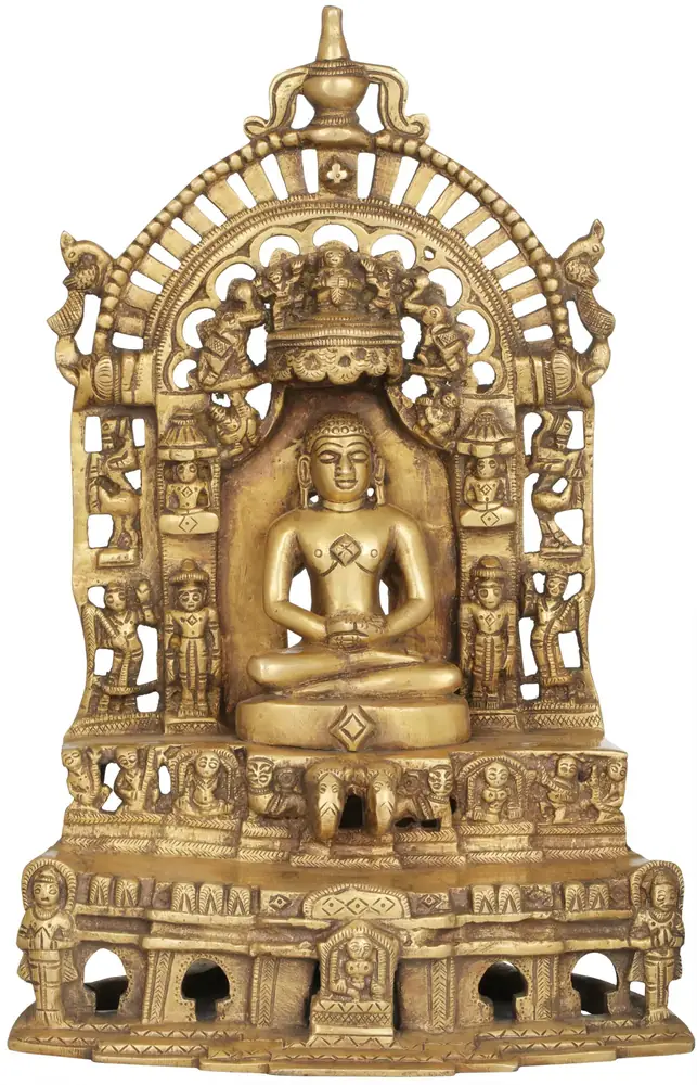 Seated Tirthankara in a carved brass arch, front view