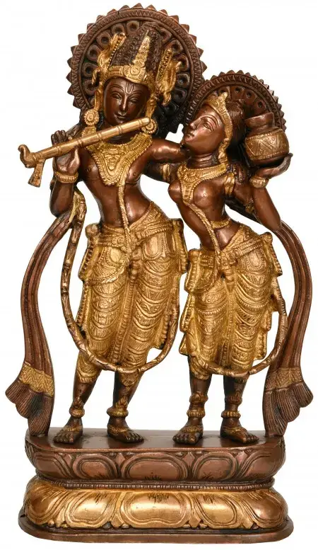 Brass Radha and Krishna on a lotus base, front view