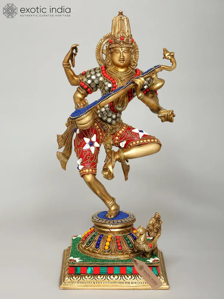 Brass dancing Saraswati with veena, front view