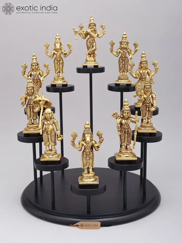 Dashavatara brass figures on the tiered stand, front view