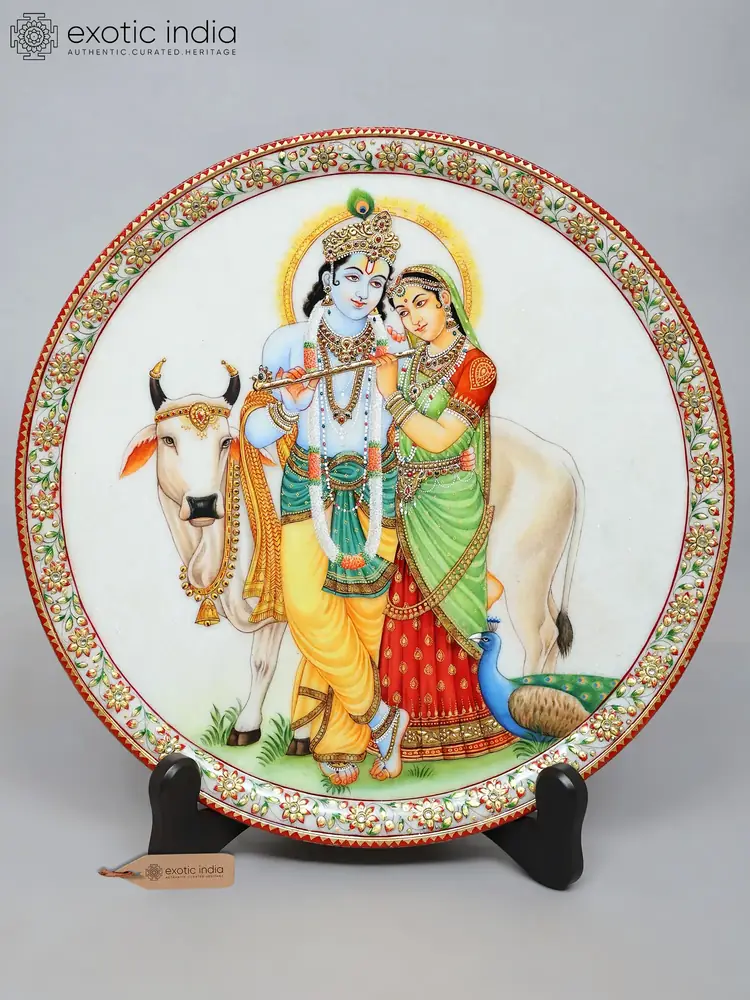 Marble plate with Radha, Krishna and a cow on the stand