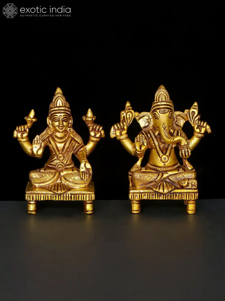 Lakshmi and Ganesha brass pair side by side