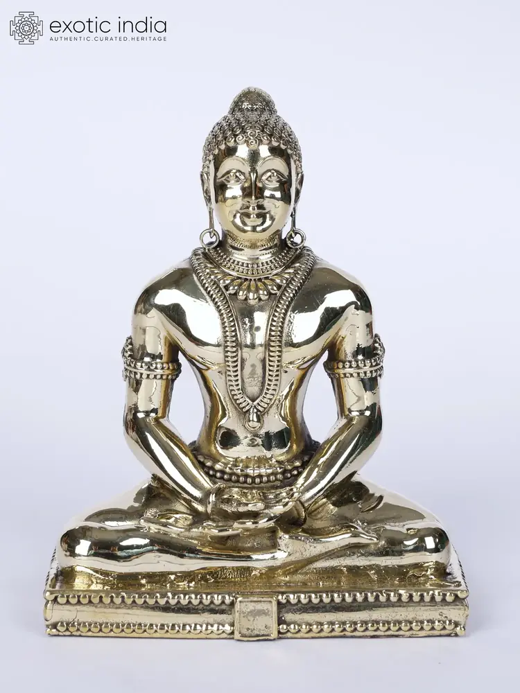 Polished brass Mahavira seated, front view