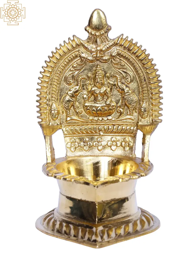 Brass Gajalakshmi lamp with an arched back, front view