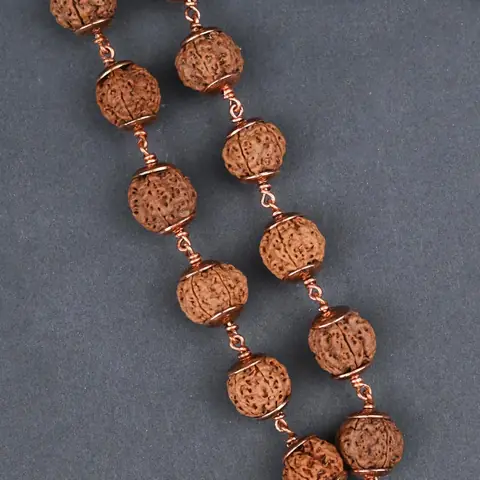 Close view of beads linked with copper wire and caps