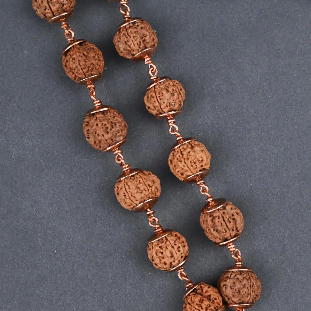 Close view of beads linked with copper wire and caps