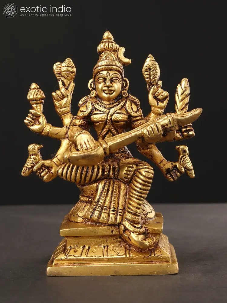 Brass Matangi seated on a stepped base, front view