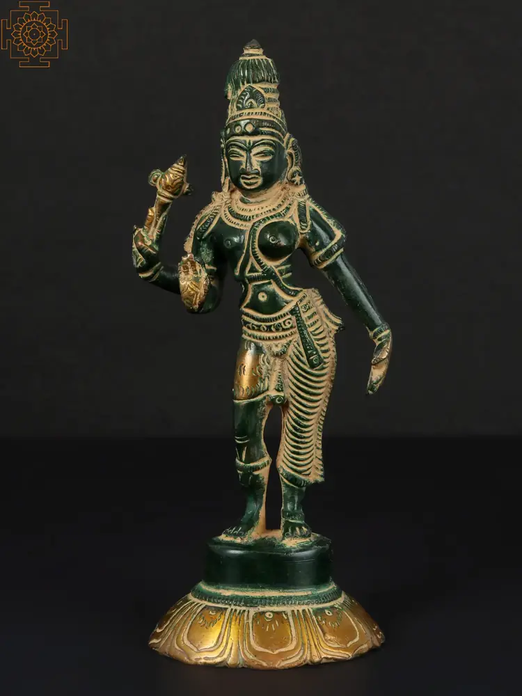 Brass Ardhanarishvara on a lotus base, front view