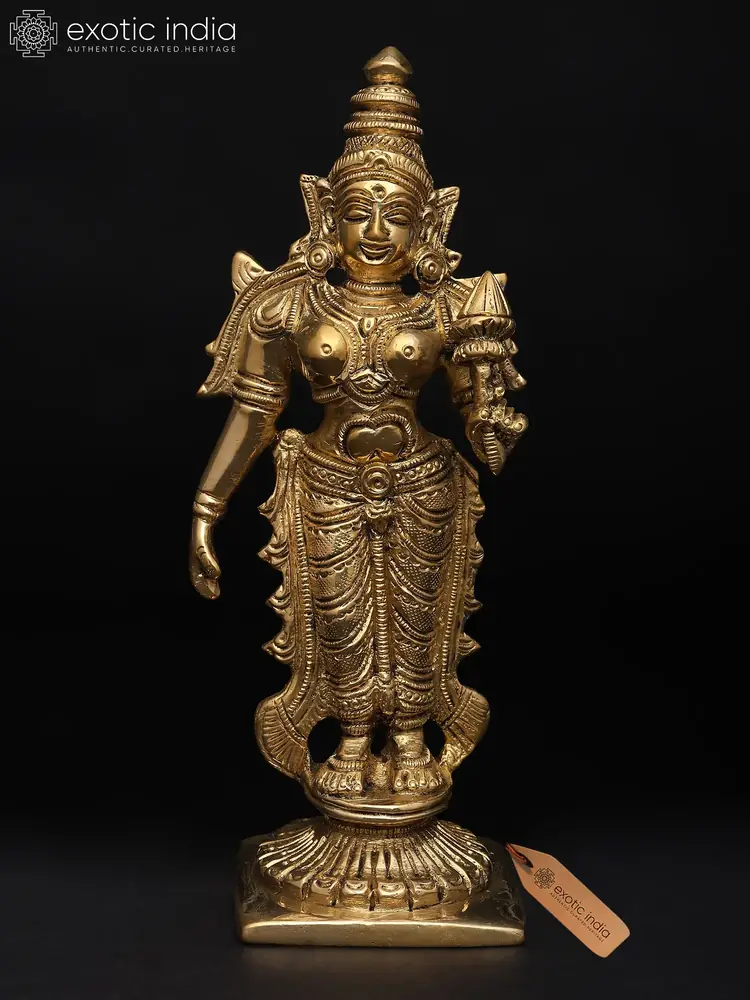 Brass Lakshmi standing on a lotus pedestal, front view