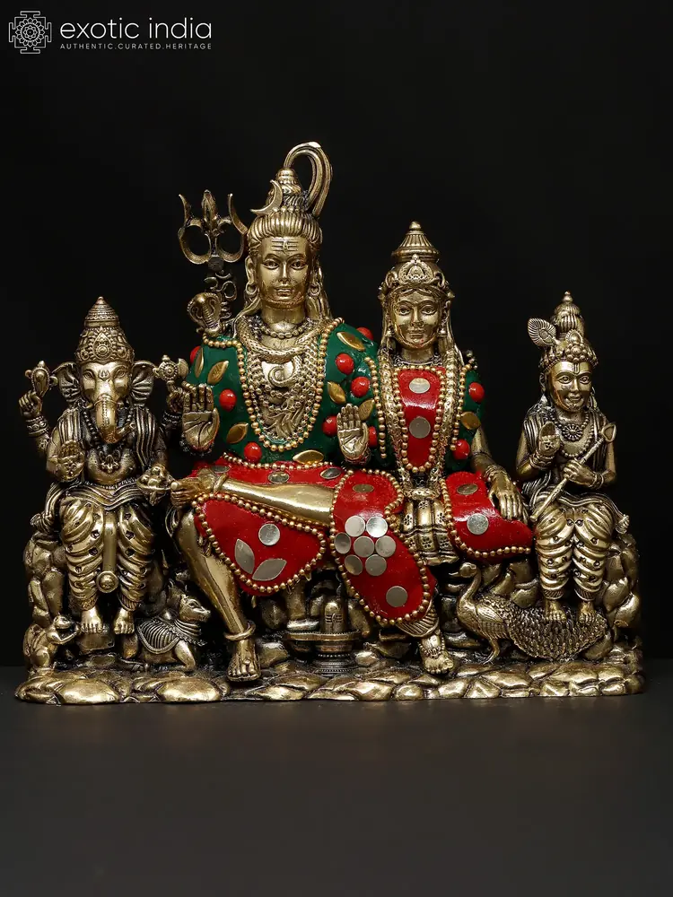 Brass Shiva family group with red and green inlay, front view