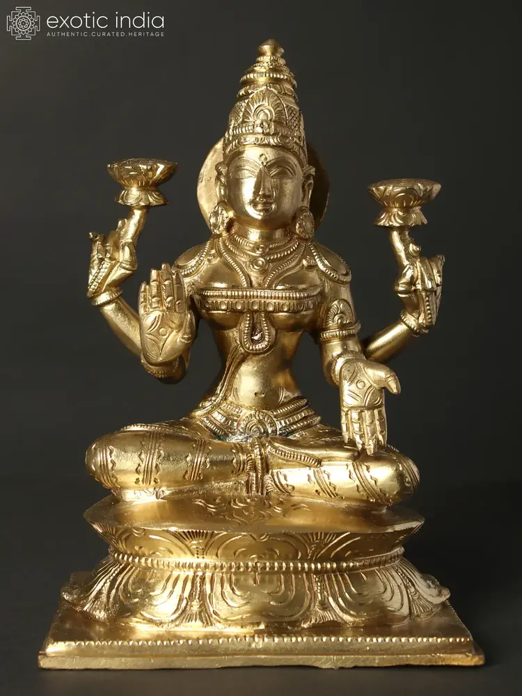 Front view of the bronze Lakshmi on a lotus