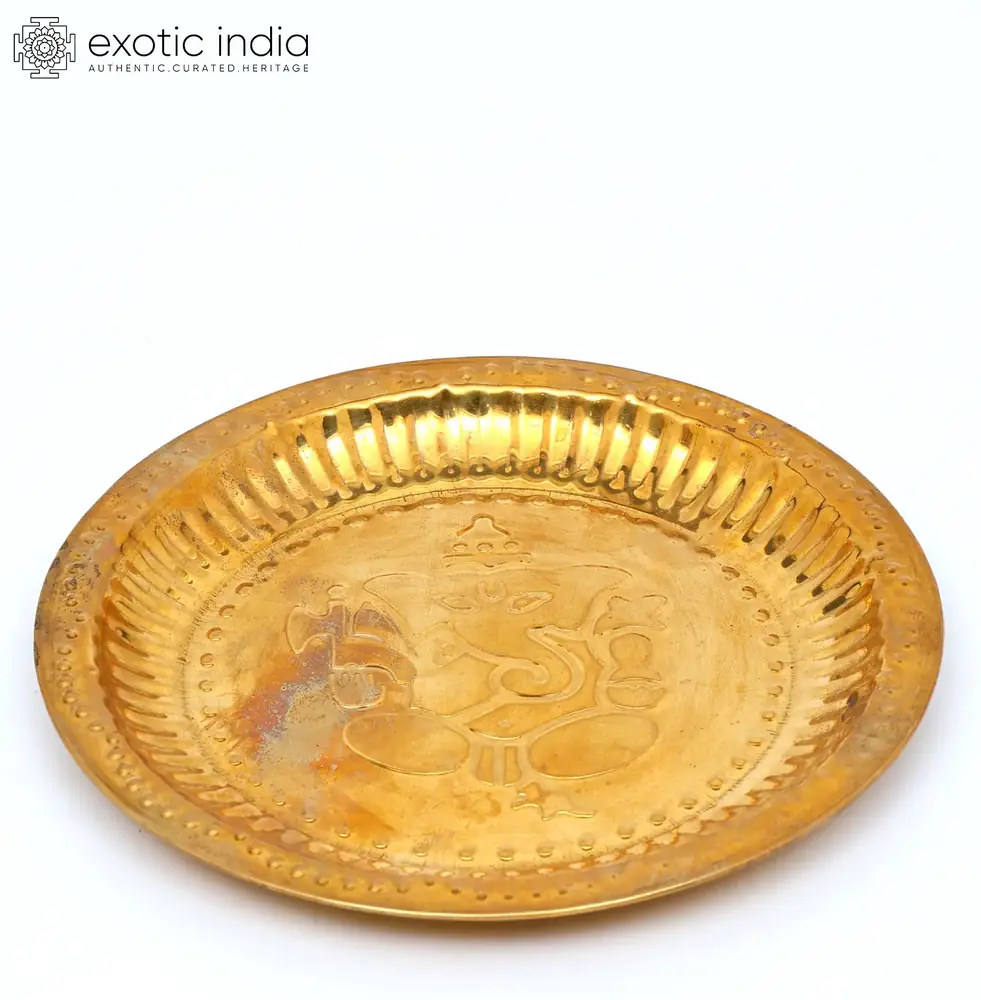 Brass Ganesha puja thali from above