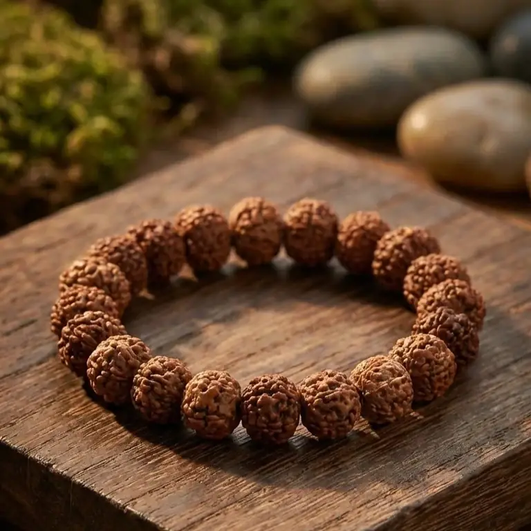 Seven mukhi rudraksha bracelet resting on a wooden ledge
