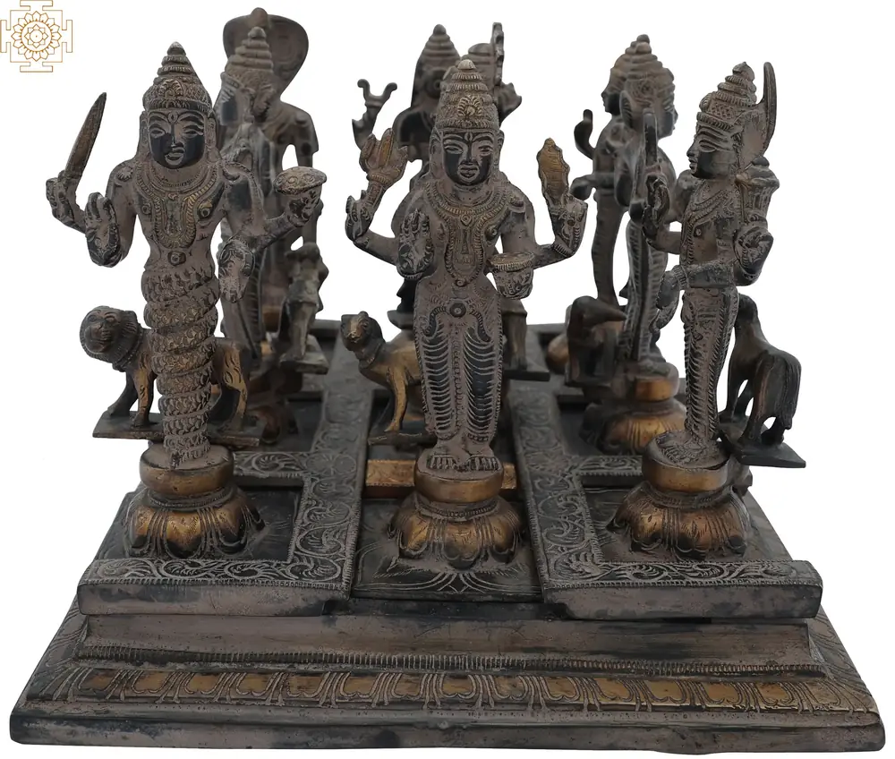 Front view of the brass Navagraha figures on their base