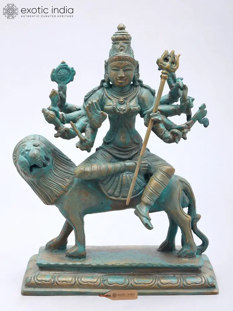Front view of the bronze Durga on her lion