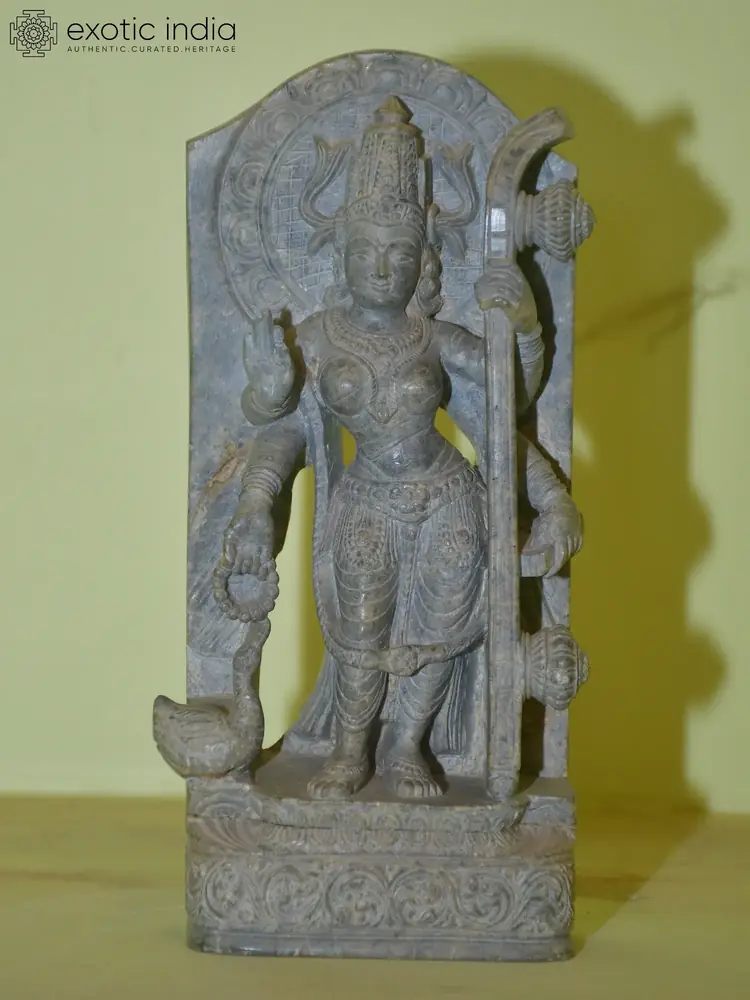 Front view of the grey stone Saraswati