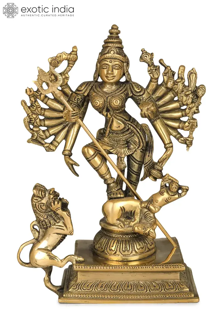 Front view of the brass Mahishasura Mardini statue