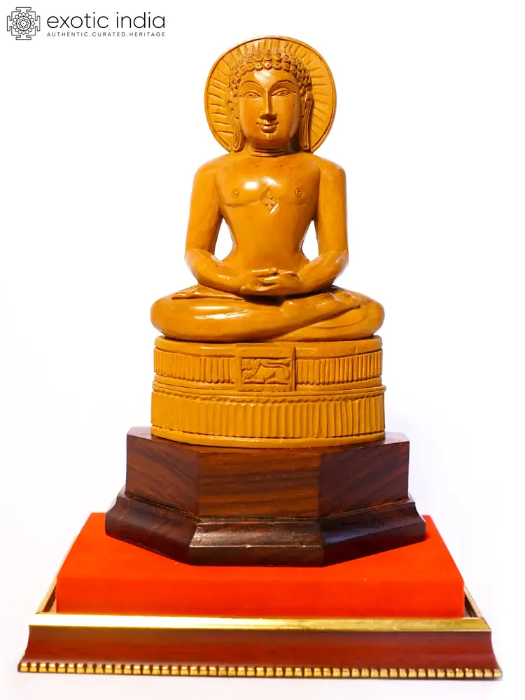 Front view of the seated sandalwood Mahavira on a stand