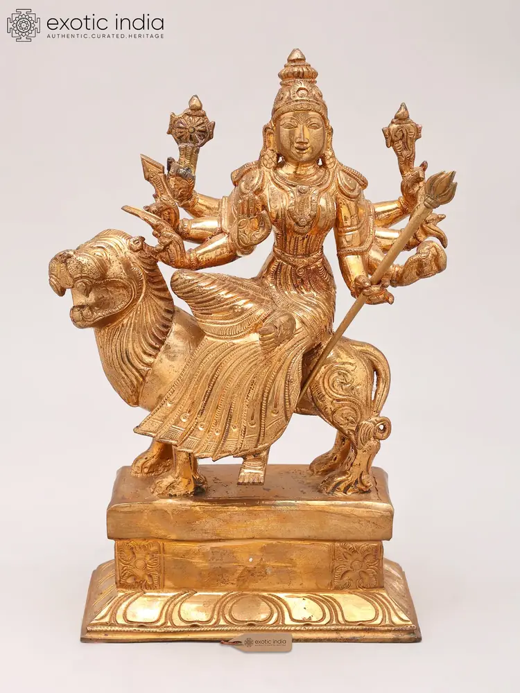 Front view of the bronze Durga on her lion