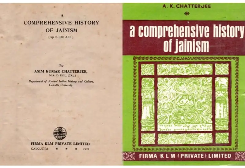 Two volumes of A Comprehensive History of Jainism, one beige and one green