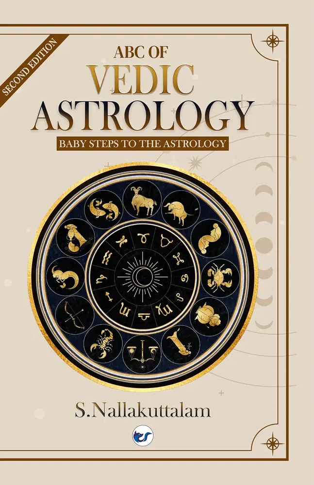 Cream front cover of ABC of Vedic Astrology with a dark zodiac wheel