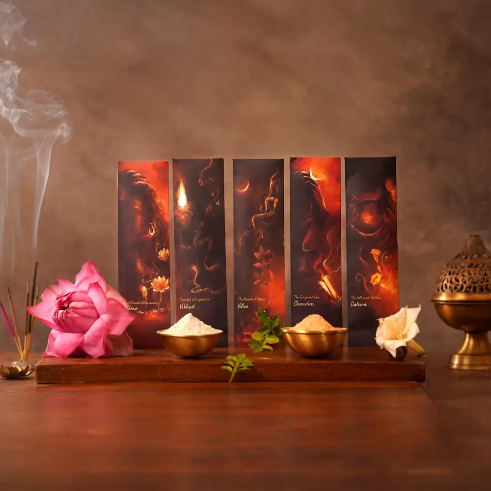 Five slim incense packs standing in a row