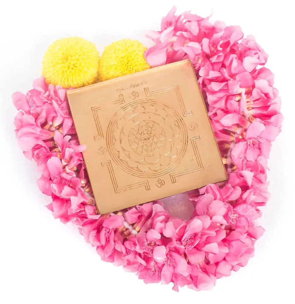 The base plate with a yantra on pink flowers