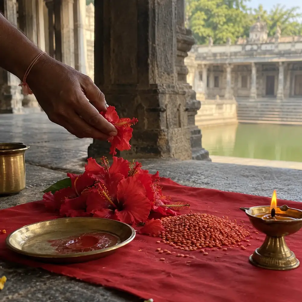 Hand offering red flowers beside a lamp at a temple, an illustration for the archana