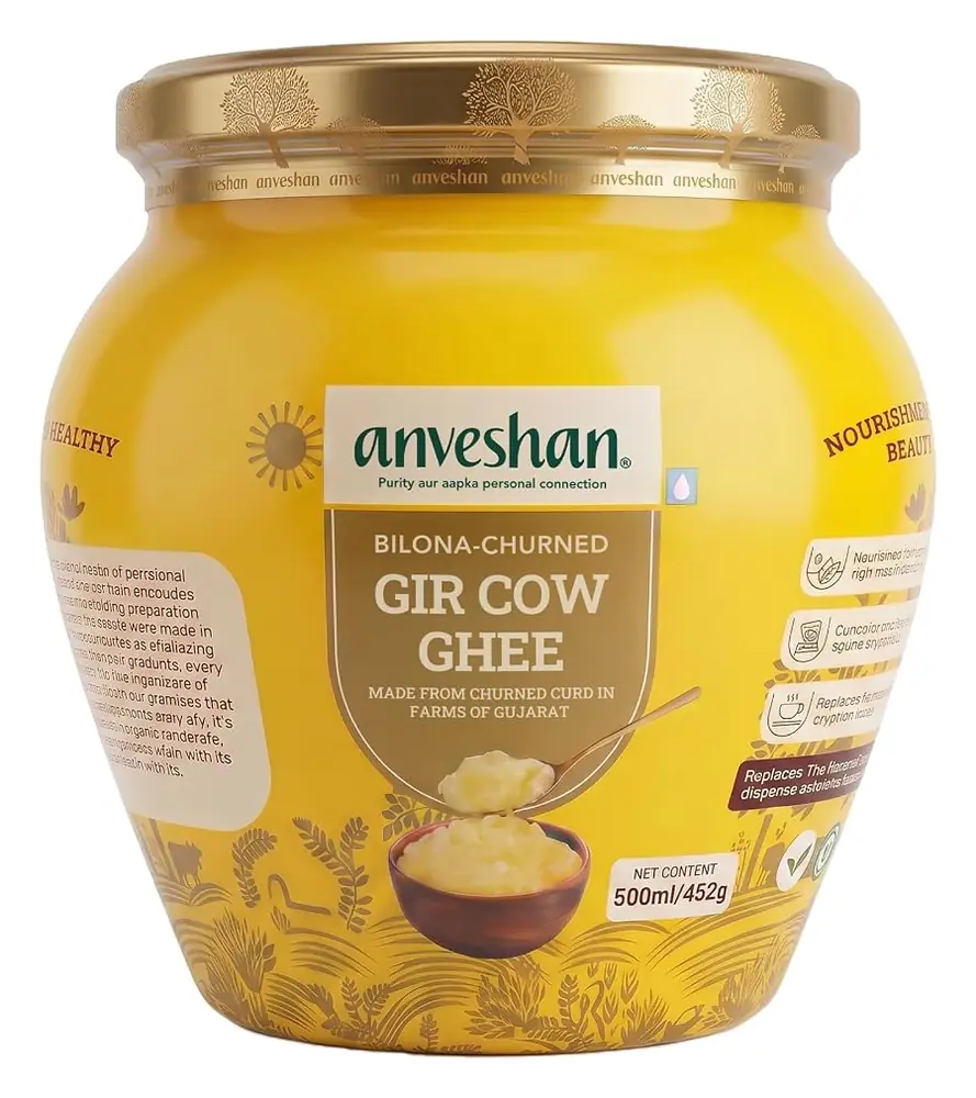Round glass jar of Anveshan A2 Gir cow ghee