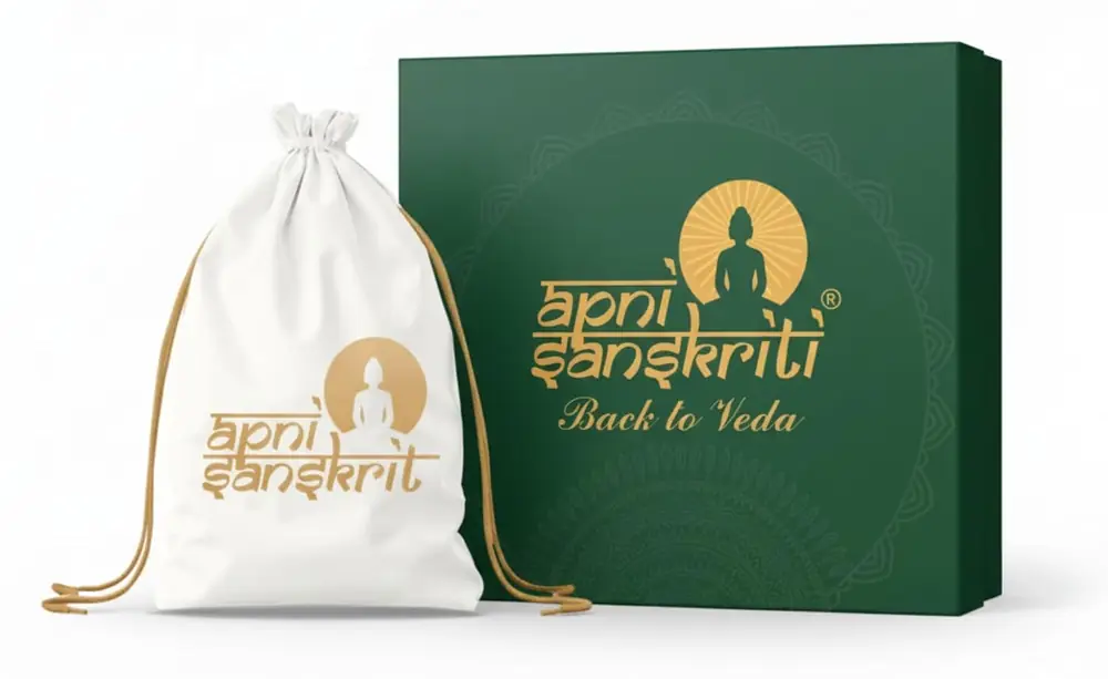 A white drawstring bag beside the green gift box