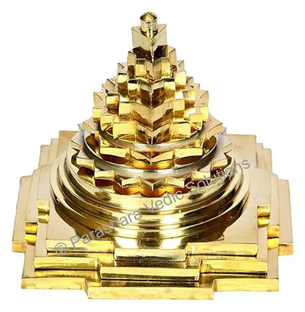 Gold brass Meru Shri Yantra seen from the front