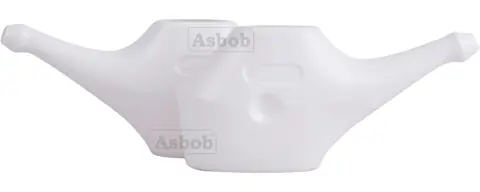 Side view of a white neti pot with a short spout