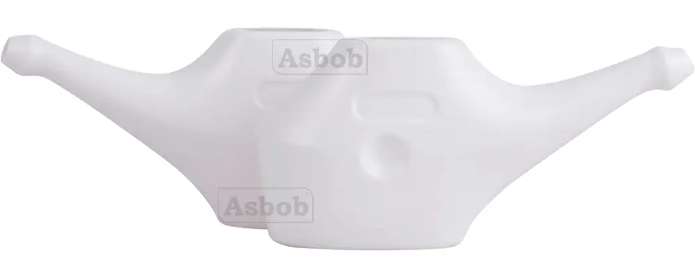 Side view of a white neti pot with a short spout