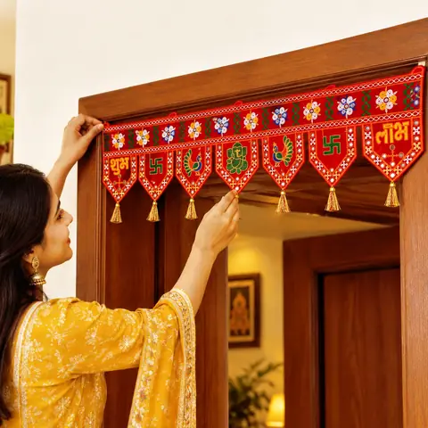 A woman hanging the red toran over a door