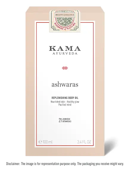 The pale carton for the Ashwaras replenishing body oil