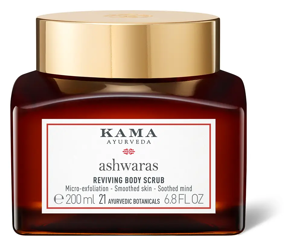 Jar of Ashwaras reviving body scrub with a gold lid