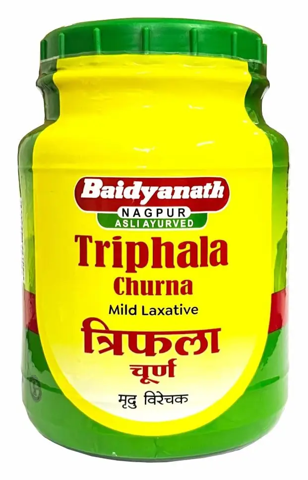 Front of the green and yellow Triphala churna jar