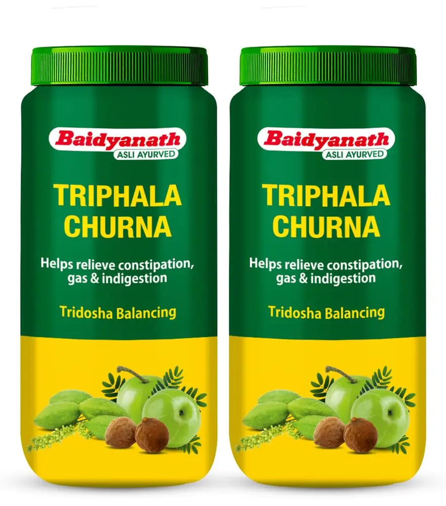 Two Baidyanath Triphala churna jars side by side