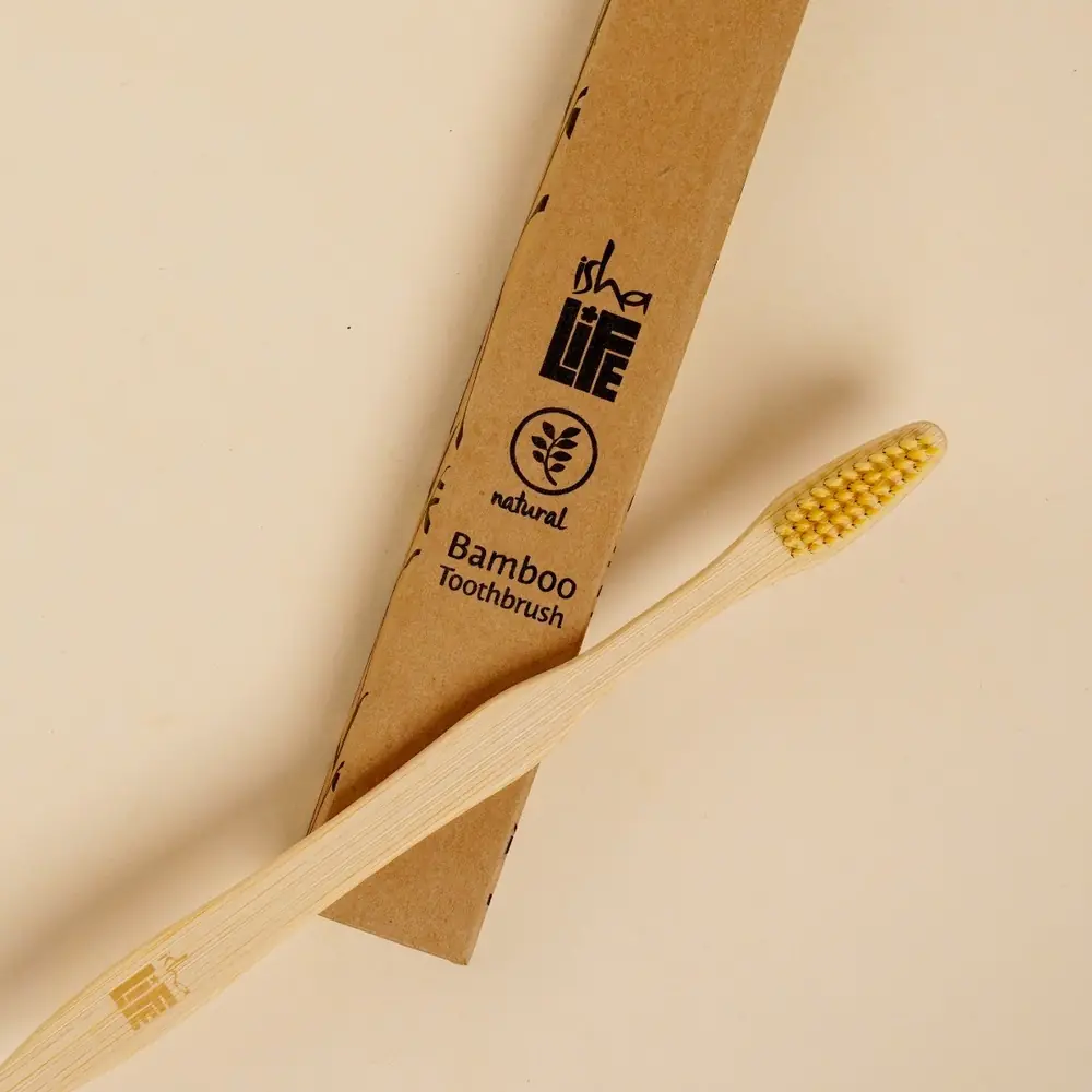 Full length bamboo toothbrush with yellow bristles