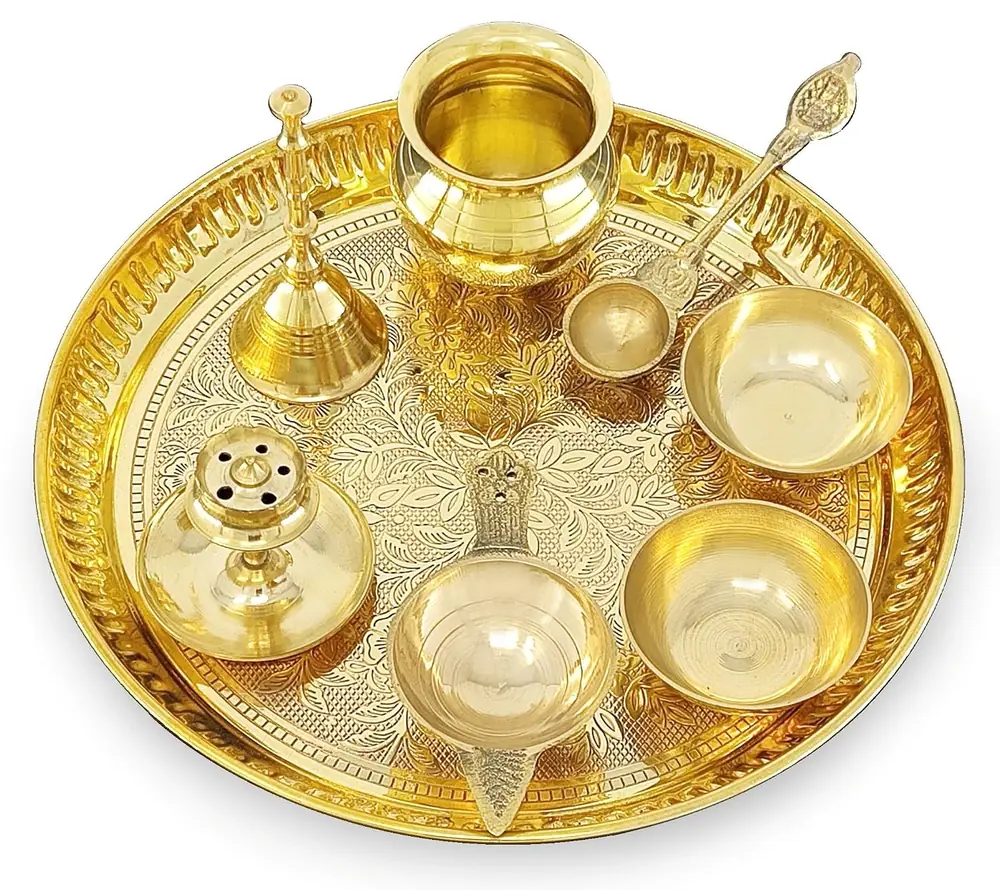 Brass puja thali set seen from the front