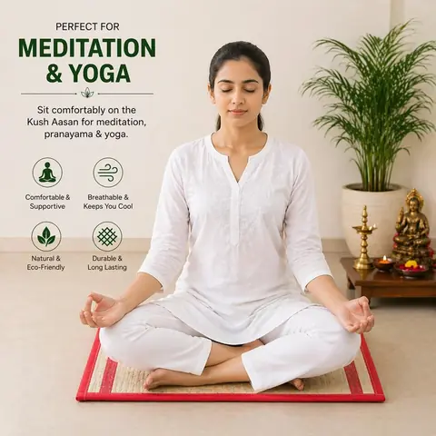 A seated figure on a kusha grass mat with a rolled edge