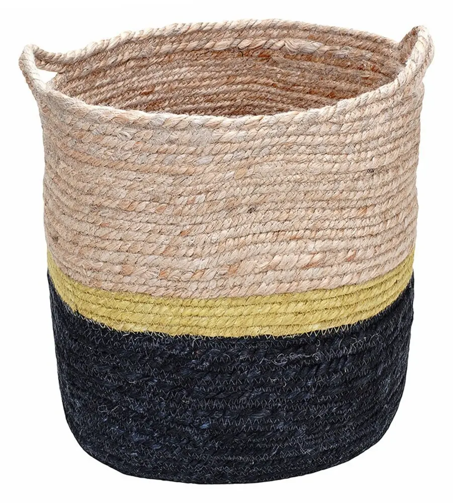 Round jute basket planter with a black base
