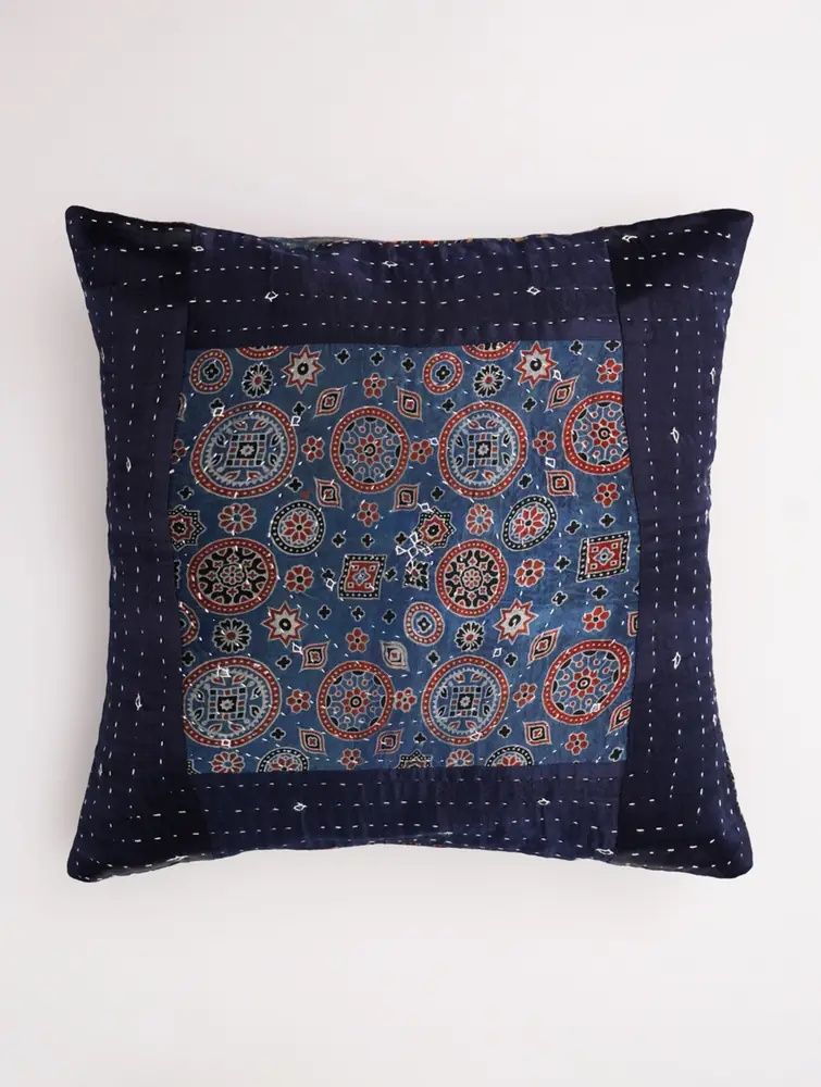 Navy mashru cushion cover seen from the front