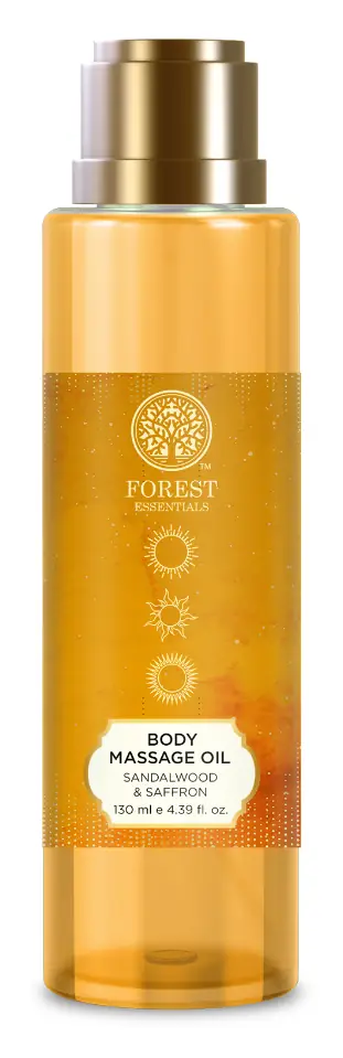 Bottle of Sandalwood and Saffron body massage oil
