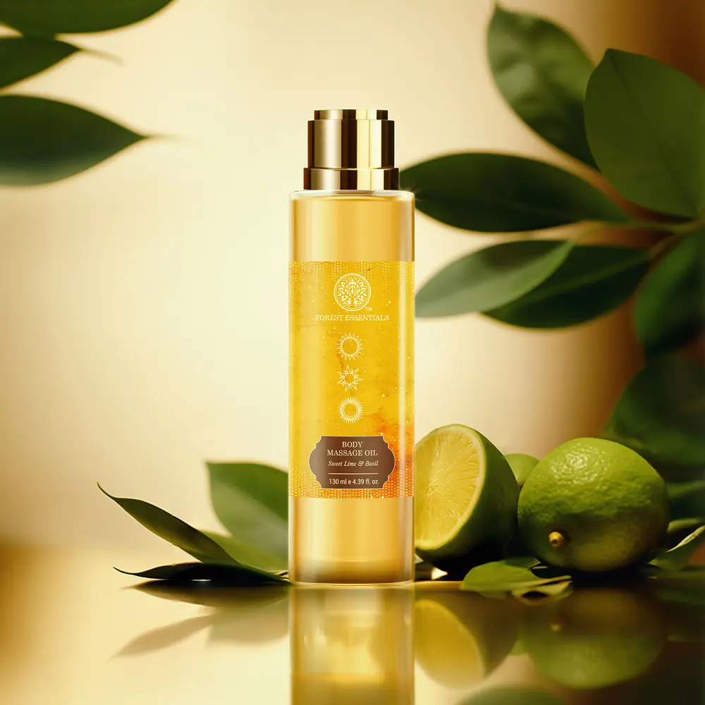 Bottle among limes and green leaves
