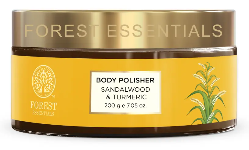 Jar of Sandalwood and Turmeric body polisher with a gold lid