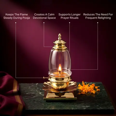 Brass akhand jyot diya in a styled setting