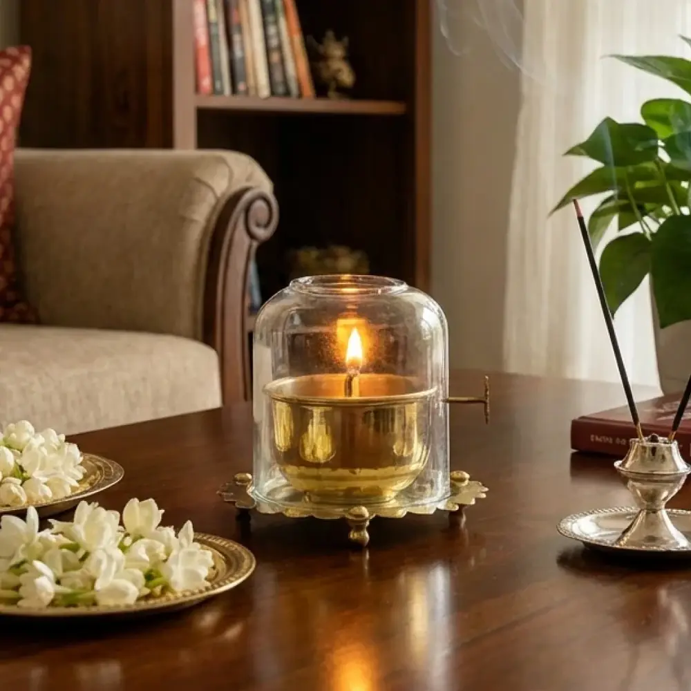 Brass diya under a glass dome on a table in a living room